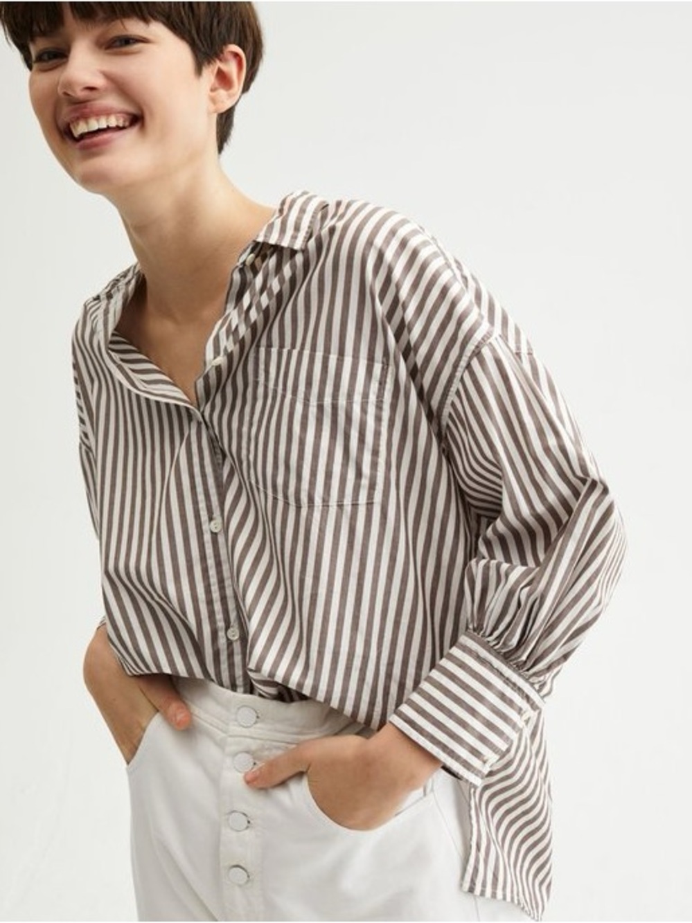 Nili Lotan Lonnie Brown Stripe Poplin Button Down Shirt Size M